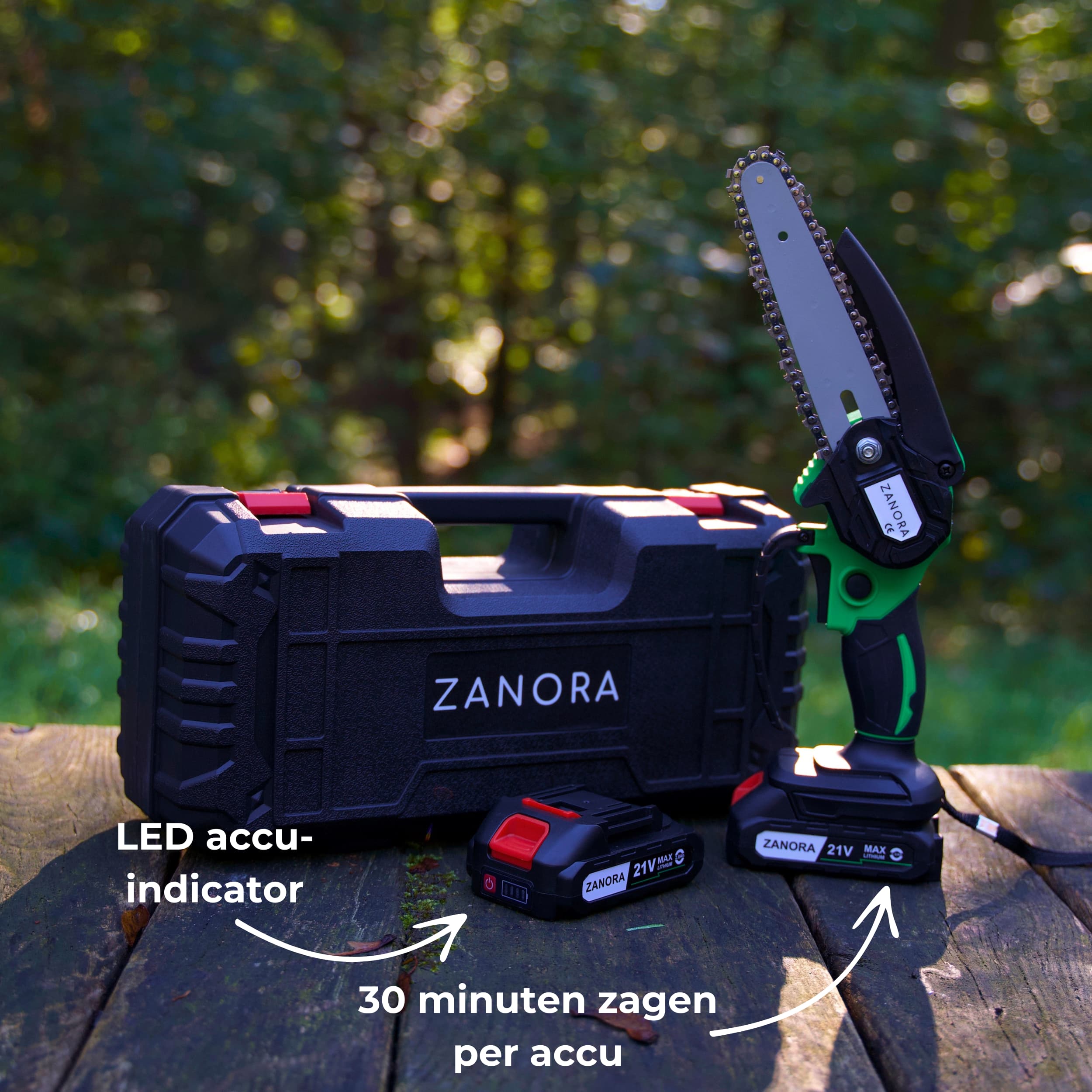 ZanoraGarden® Elektrische kettingzaag incl. 2 led-accu's